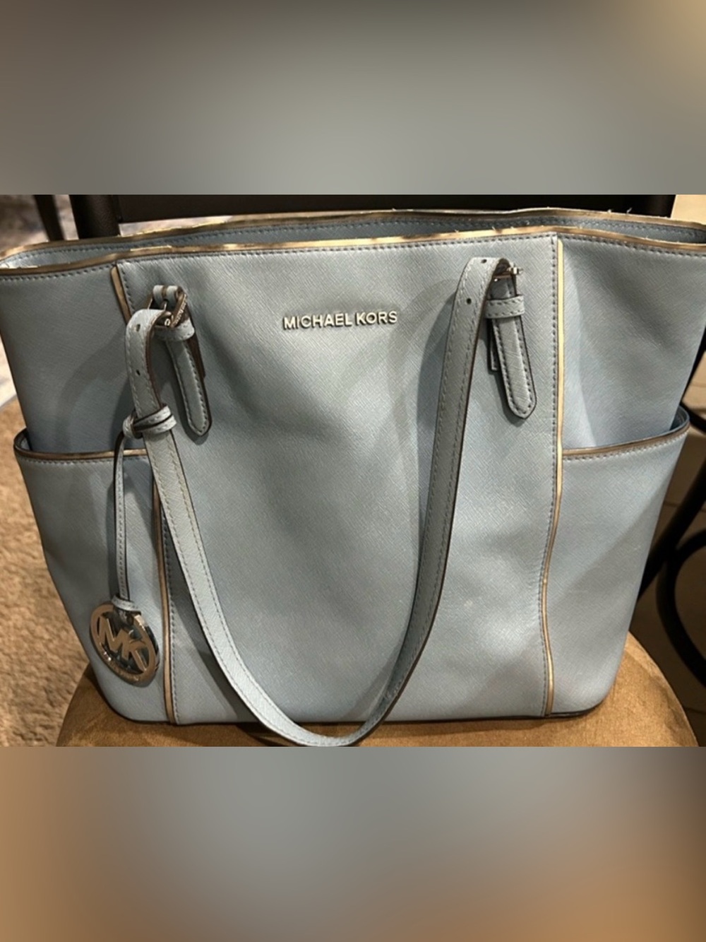 MICHAEL KORS Powder Blue Saffiano Leather Tote with Gold Trim - Picture 1 of 10